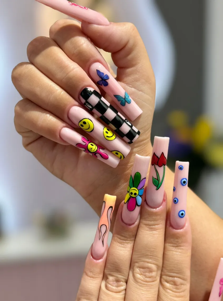 Bunte Nail Art mit Smileys, Schachbrett und Schmetterlingen, Wien